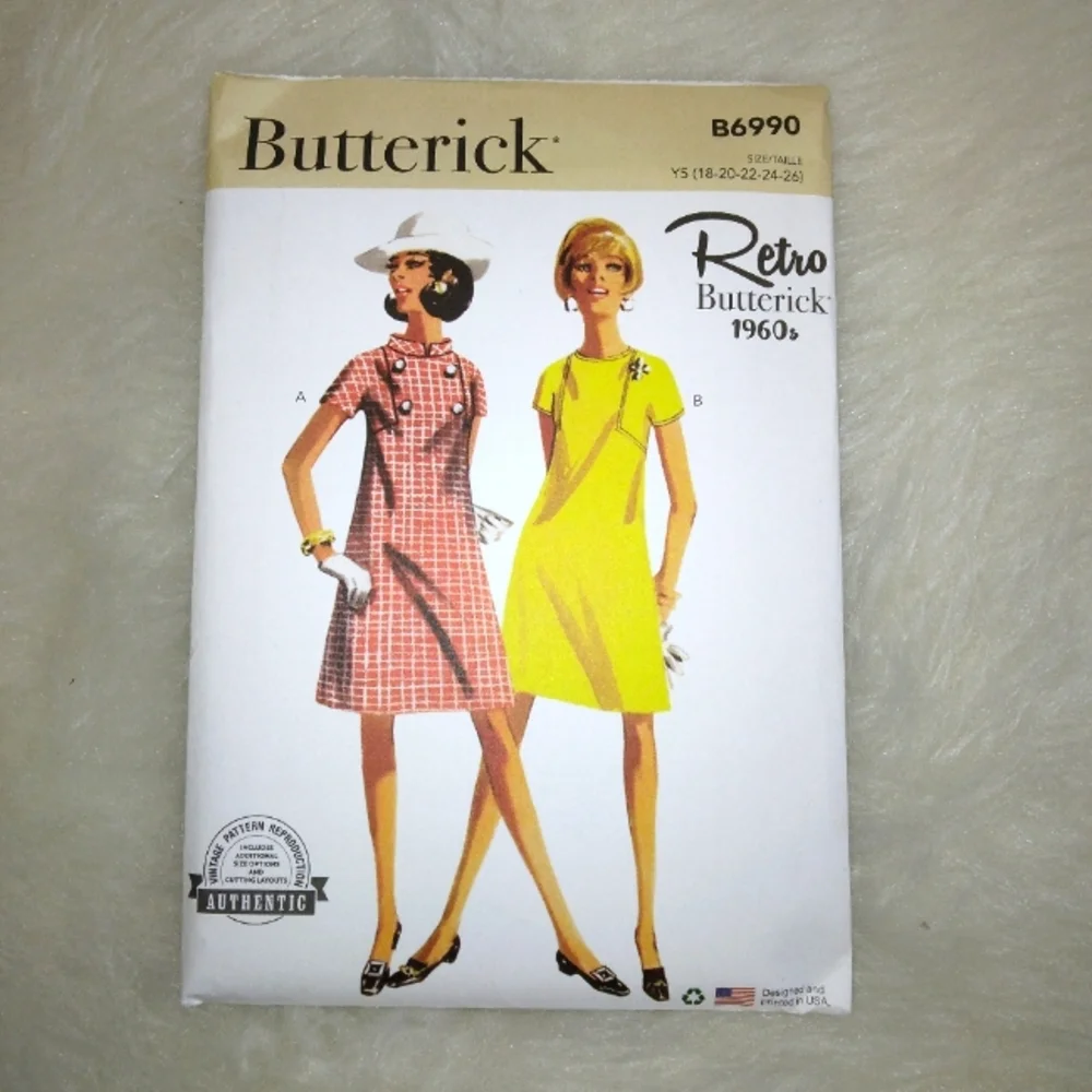 BUTTERICK B6990 Sz 18-26 Retro 60s Dress W/short Kimono Sleeves Collar Variation